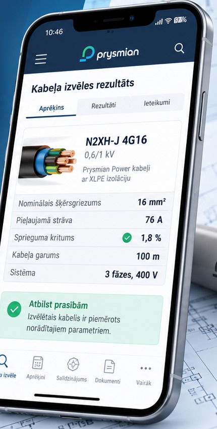 CableApp lietotnes ekrāns ar kabeļa izvēles rezultātu: kabeļa marka, nominālais šķērsgriezums, pieļaujamā strāva un sprieguma kritums