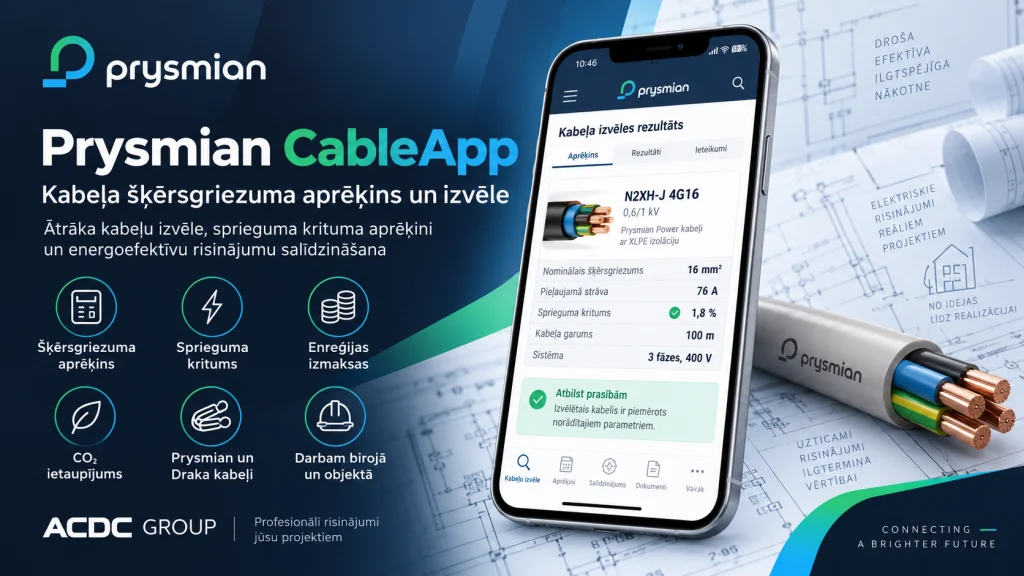 Prysmian CableApp lietotne viedtālrunī rāda kabeļa izvēles rezultātu blakus kabelim uz elektroinstalācijas rasējuma