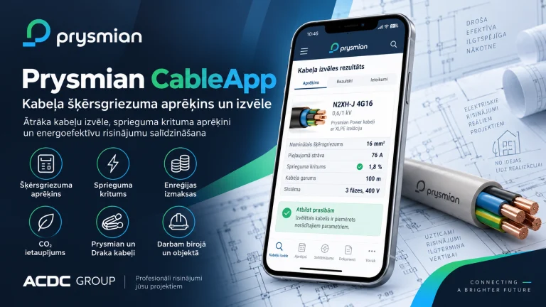 Prysmian CableApp lietotne viedtālrunī rāda kabeļa izvēles rezultātu blakus kabelim uz elektroinstalācijas rasējuma
