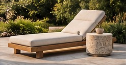 Tīkkoka sauļošanās gulta ar spilvenu un apaļš galdiņš