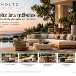 Eichholtz āra mēbeles terasē pie baseina saulrietā: dīvāns ar gaišiem spilveniem, pīts atpūtas krēsls un apaļš kafijas galds