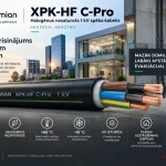 Prysmian XPK-HF C-Pro 1 kV spēka kabelis ar vara dzīslām pie modernas biroja ēkas