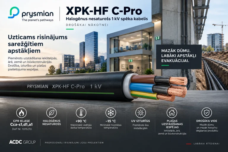 Prysmian XPK-HF C-Pro 1 kV spēka kabelis ar vara dzīslām pie modernas biroja ēkas