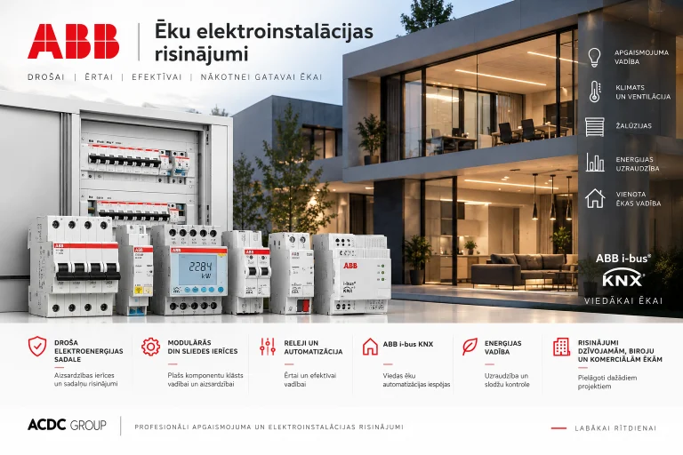 ABB modulārās DIN sliedes ierīces, elektrosadalne un i-bus KNX ierīce pie modernas mājas vakarā