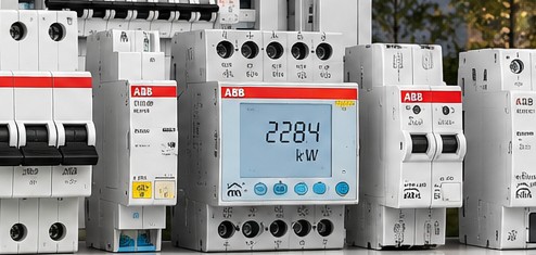 ABB elektroenerģijas skaitītājs ar displeju starp modulārajām aizsardzības ierīcēm