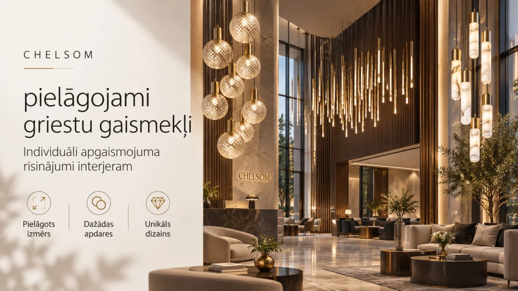 Chelsom – pielāgojami griestu gaismekļi, individuāli apgaismojuma risinājumi interjeram: viesnīcas vestibils ar piekaramo gaismekļu kompozīcijām