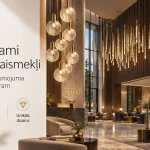 Chelsom – pielāgojami griestu gaismekļi, individuāli apgaismojuma risinājumi interjeram: viesnīcas vestibils ar piekaramo gaismekļu kompozīcijām