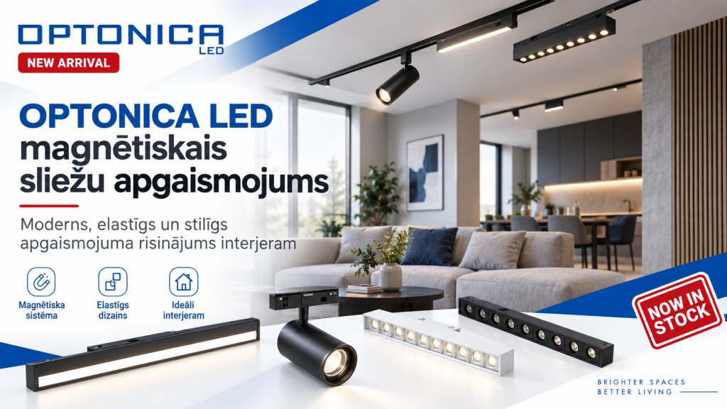 OPTONICA LED magnētiskās sliežu sistēmas gaismekļi – prožektori un lineārie gaismekļi – mūsdienīgā dzīvojamā istabā
