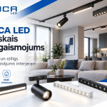 OPTONICA LED magnētiskās sliežu sistēmas gaismekļi – prožektori un lineārie gaismekļi – mūsdienīgā dzīvojamā istabā